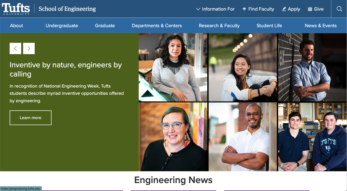 Teo on the front page of the Tufts CS Engineering Website