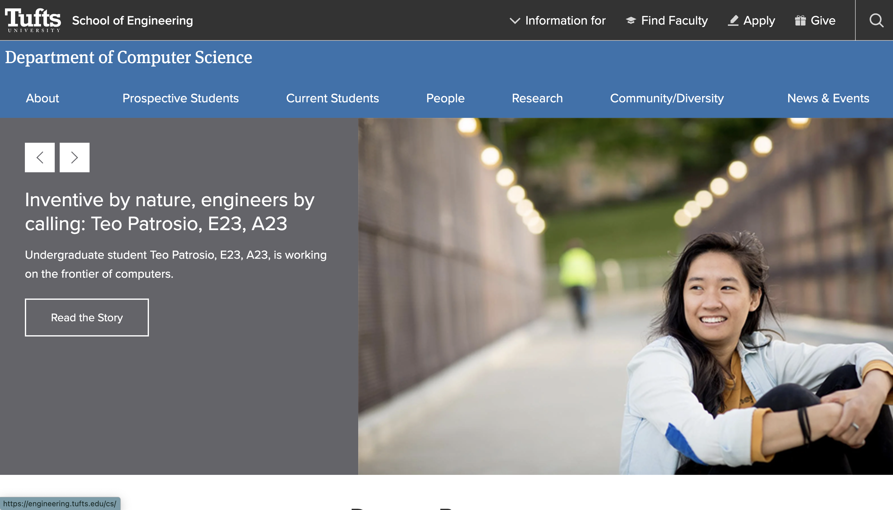 Teo on the front page of the Tufts CS Engineering Website